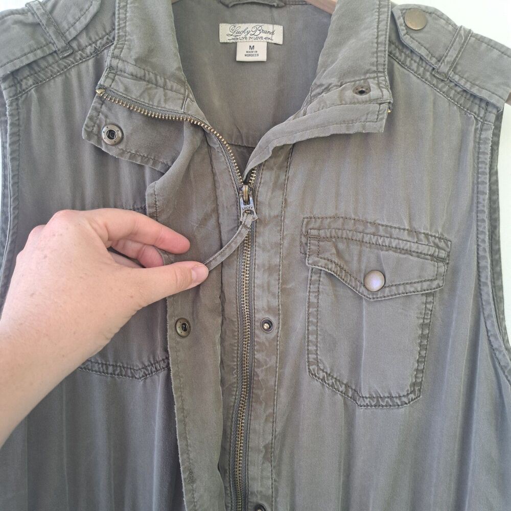 Lucky Brand Medium Olive Green Utility Military Vest Womens Zip Up Jacket Top - Picture 5 of 11